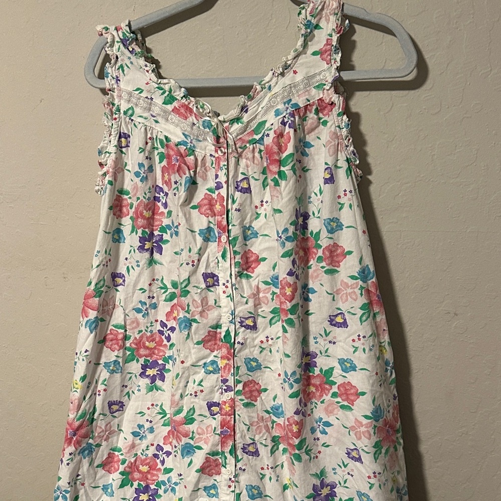 Floral Button-Down Sleeveless Dress nightgown vintage M true colors